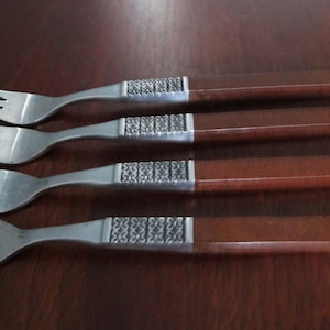 MCM Flatware ANTICIPATION by Northland Oneida Stainless Flatware 4 Cocktail Forks Wood Handles
