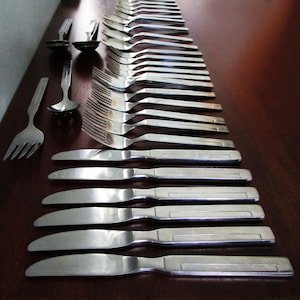 Stainless Flatware 48 Pcs Industrial Modern 18/0 SET Service for 6+ (minus 1 Salad Fork) Hostess Set Geometric Korea