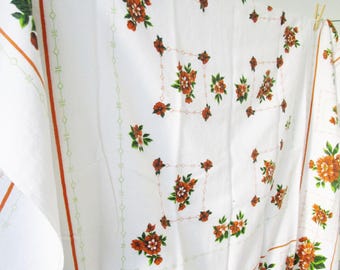 Vintage Tablecloth 58x76 Gold Green Floral on White All Linen Cotton Mid Century