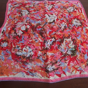 Kati Handkerchief Designer Vintage 1960s Hanky Abstract Design Red Pink Purple, Hand Hemmed
