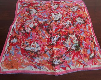 Kati Lenço Designer Vintage 1960s Hanky Design Abstrato Vermelho Rosa Roxo, Bainha Feita à Mão