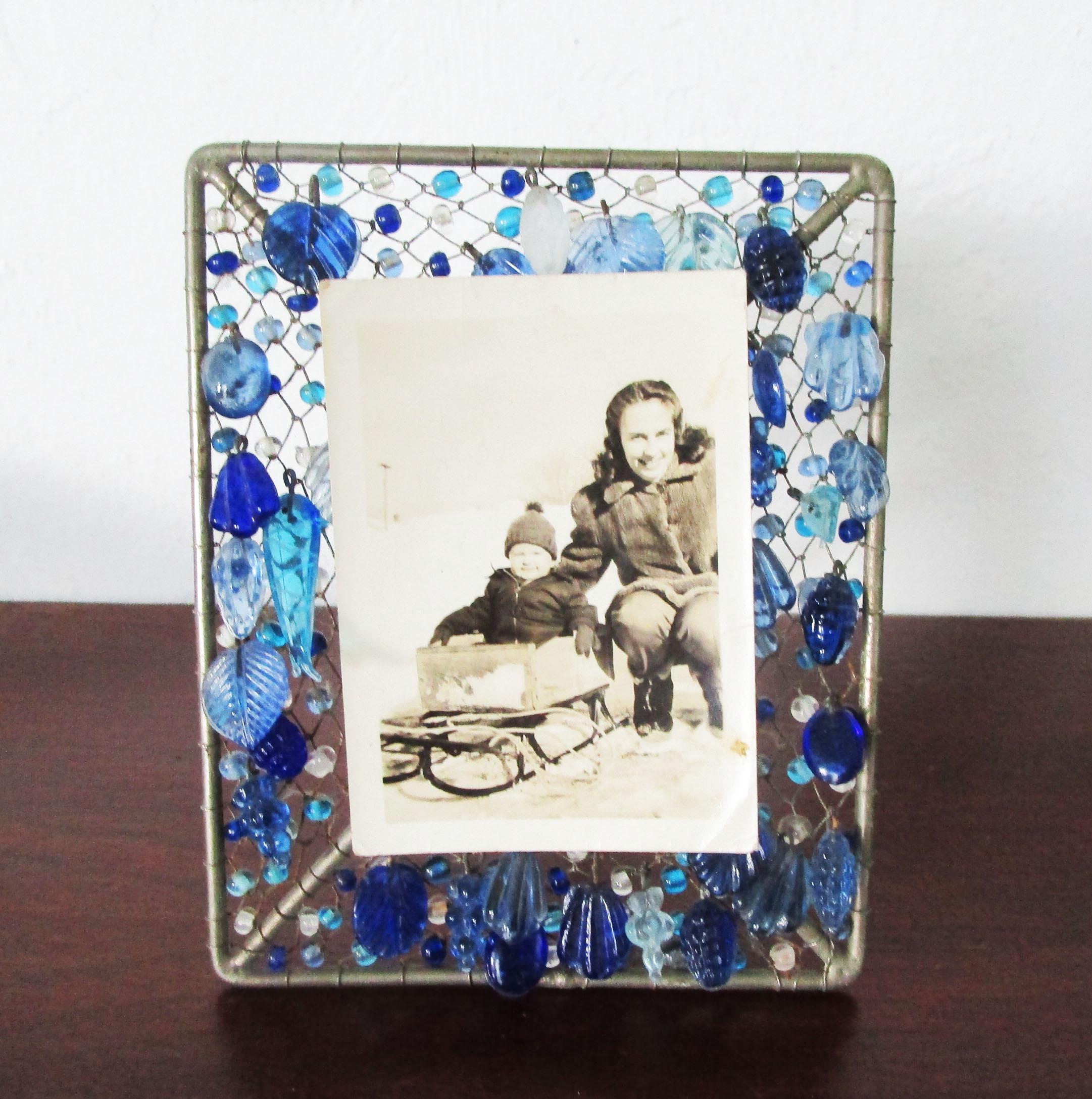 ヴィンテージフォトフレーム 貝殻デザイン ビーズ付き ブルー