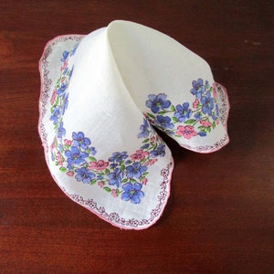 Vintage Handkerchief 1950s Pink & Blue Flowers Hand Hemmed, Vintage Hanky, Floral, Crisp and New, Chic Neckwear, Gift for Her