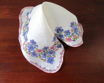 Lenço vintage anos 1950 flores rosa e azul bainha feita à mão, lenço vintage, floral, novo e moderno, gravata chique, presente para ela