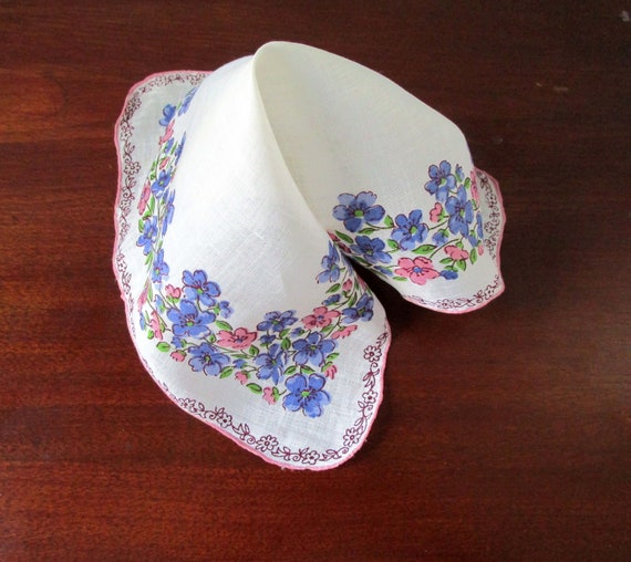 Vintage Handkerchief 1950s Pink & Blue Flowers Ha… - image 1