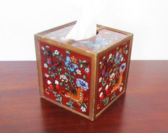 Butterfly Red Tissue Box Reverse Painting on Glass, Wood Vintage Upright Vanity Storage Bathroom Bedroom Gift for Her