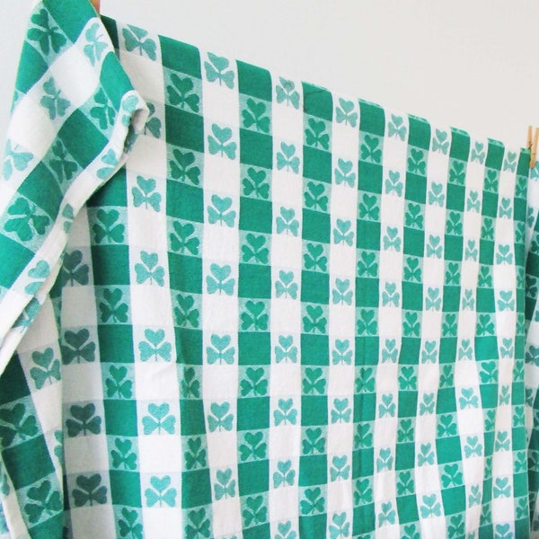 St Patrick's Day Tablecloth Shamrocks Green with White Checkered Woven Rectangle 48x62, Vintage Linens All Cotton