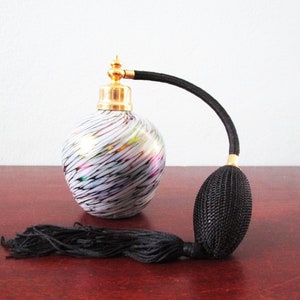 Vintage Purple Swirl Perfume Bottle Rainbow Glass with Black Atomizer, Stylish and Chic, Vanity Boudoir Decor