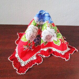 Vintage Handkerchief 1950s Valentine Red with Blue & White Roses Crocheted Edges, 16&quot; Square, Vintage Hanky, Chic Neckwear, Gift for Her
