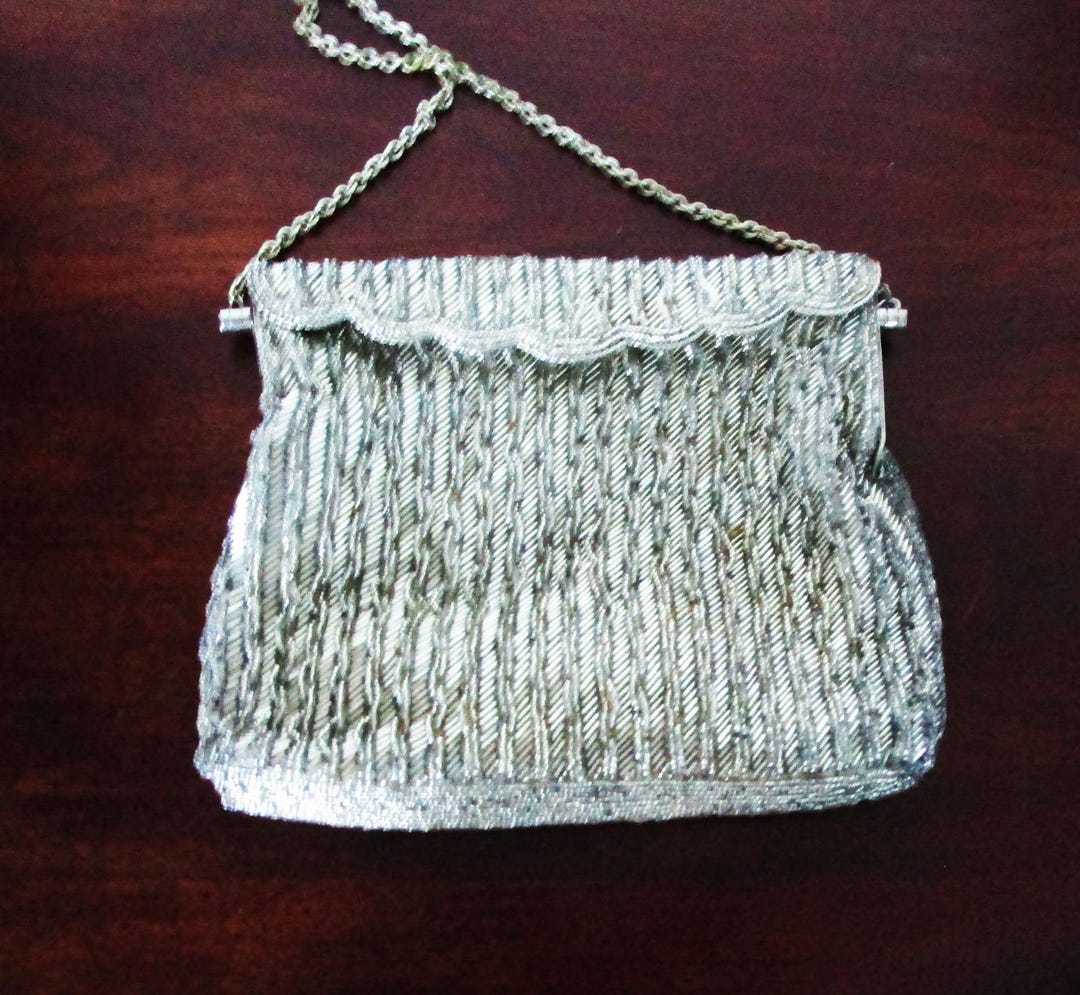 Vintage 50er Jahre Post Art Deco Le Soir Silber Perlen Geldbörse