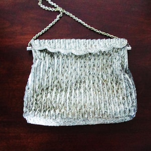 Vintage 50s Post Art Deco Le Soir Silver Beaded Purse Metal Chain Bridal Prom Purse