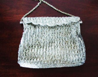 Vintage 50s Post Art Deco Le Soir Silver Beaded Purse Metal Chain Bridal Prom Purse