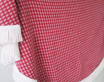 Vintage Red White Woven Tablecloth Round Waffle Weave Fringed 58 inch Square, 100% Cotton,  Kitchen Dining Room Decor