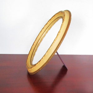 Vintage 1960s Oval Mirror Beige Resin with Gold Accents 11.5 inch Tall, Easel Backing, Ladies Boudoir