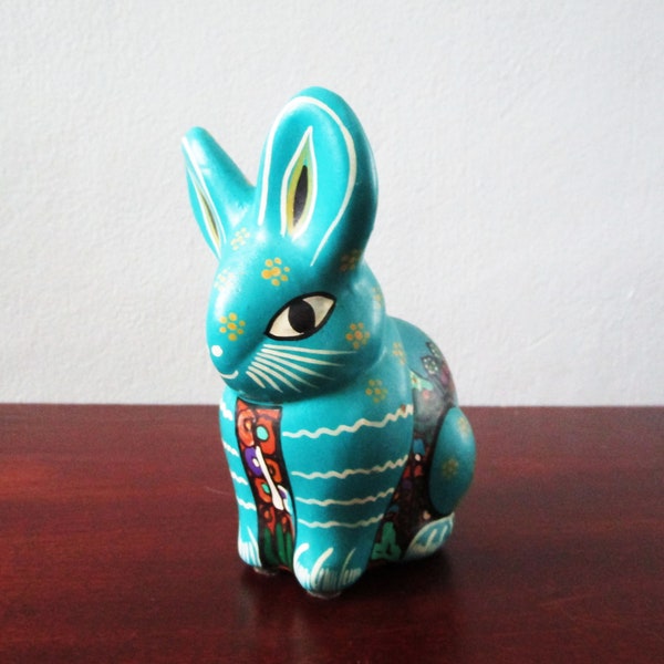 Vintage Bunny Piggy Bank Aqua, Mexican Folk Art, Colorfully Painted Rabbits and Flowers, Collectible