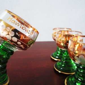 4 Miniature Beehive Hamburg Roemer 2 3/4&quot; Green Gold Glasses, Green Beehive, Gold Etched Cut to Clear