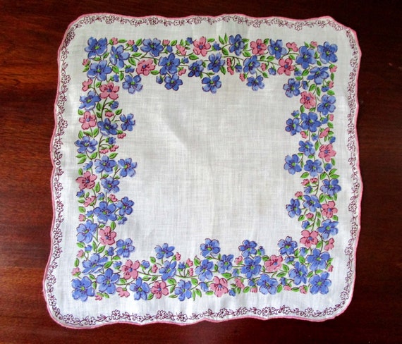 Vintage Handkerchief 1950s Pink & Blue Flowers Ha… - image 5