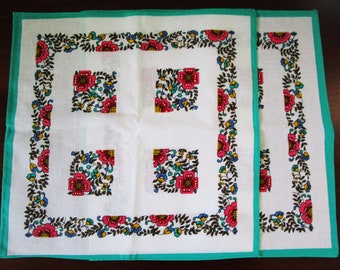 Par de lenço floral vintage, Aqua com floral rosa em branco, lenço vintage 100% algodão