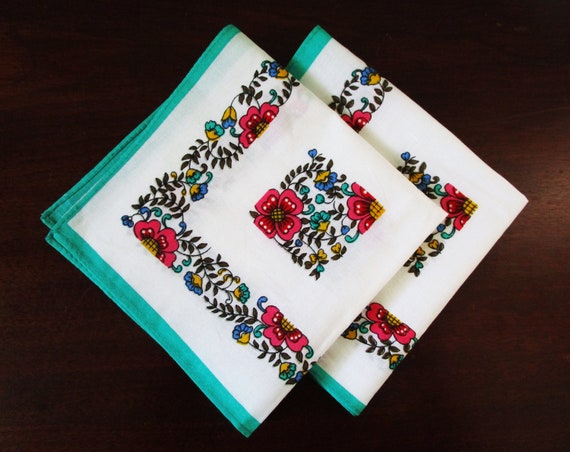 Pair Vintage Floral Handkerchief, Aqua w/Pink Flo… - image 2