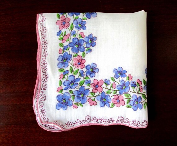 Vintage Handkerchief 1950s Pink & Blue Flowers Ha… - image 4