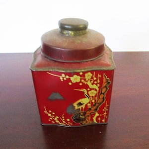 Vintage Bird Tin Box Red with Gold Wood Stork Tree with Lid, Bird Bookcase Decor, Japan