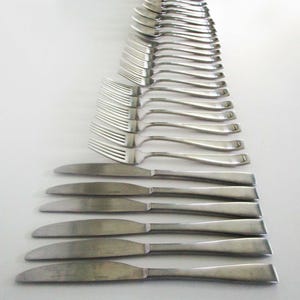 May include: A collection of stainless steel flatware arranged in rows, featuring several dinner knives with smooth, rounded blades and multiple forks with four tines each, all displaying a polished metallic finish and a simple, uniform design.