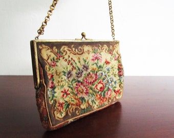 Vintage Tapestry Purse 1940s Brown Red Roses Made in Austria, Gold Clasp and Frame Gold Chain, Great Condition