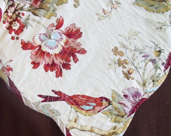 Pair Waverly Charleston Chirp KING Pillow Shams Quilted Bird Floral Scalloped Ivory Multi Colored