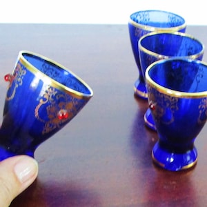 Vintage Bohemian Crystal Cordial Glasses Moroccan Cobalt Blue with Gold Middle East Design Red Jeweled Tea Glasses Liqueur