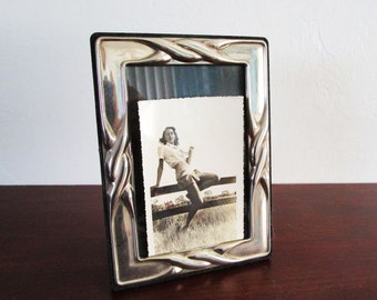 Vintage 1980s Picture Frame 4x6 inch Silver Repouse Easel Style with Velvet Backing