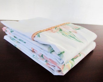 Pair Springmaid Pink and Green Floral Pillowcases NEW Pink Piping Standard 20x30 inch, Percale Retro Linens USA, NOS