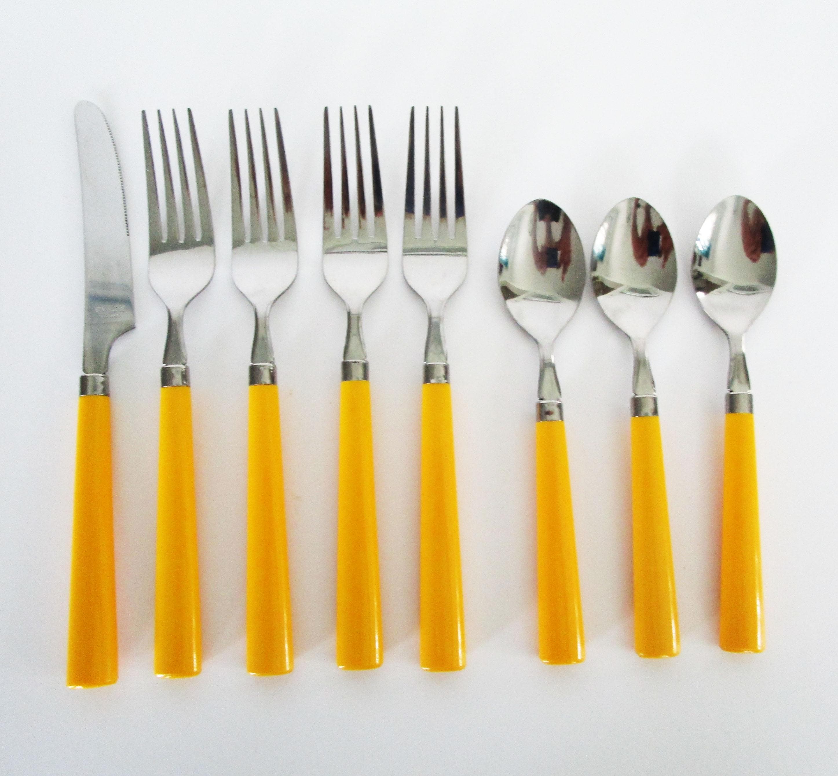 GELB Griff Besteck 7 PC Lot Kunststoffgriff Edelstahl Löffel Gabeln, 1 Messer Picknick Terrasse Camping Besteck NOS