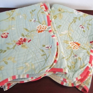 Pair Waverly Pillow Shams KING Size Vintage Quilted  Aqua Floral Striped Reversible Scalloped Multi Colored NOS