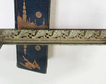 Vintage Vanity Mirror Tray Rectangular Gold Tone Whitewashed Filigree Perfume Dresser 16”x11