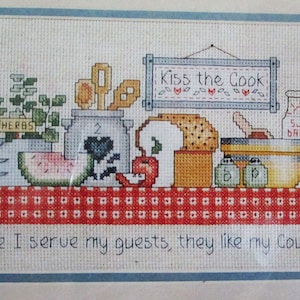J&P Coats Embroidery Kit &quot;My County Kitchen&quot; Counted Cross Stitch measuring 15&quot;x6&quot; by Barbara Lindsay, Red Check Tablecloth Cook Sign