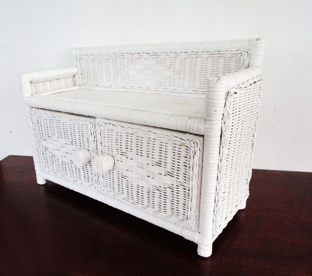 Wicker Rattan White Wall Shelf 2 Doors 1 Shelf Bohemian Decor