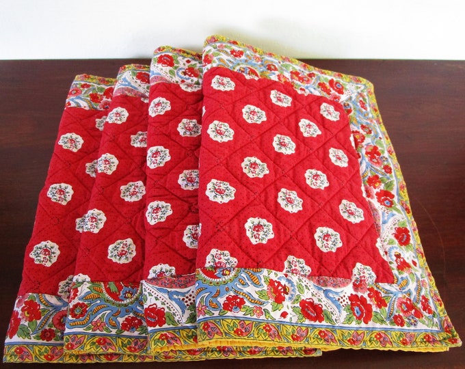 PIERRE DEUX Quilted Placemats Set of 4 Red Floral Handmade Vintage