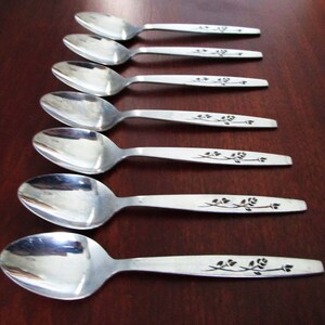 Trailing Rose UNF205 Vintage Stainless Flatware Japan 7 Teaspoons  Glossy Black Accent Unknown Manufacturer