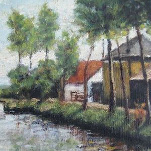 May include: Oil painting of a rural landscape featuring a waterway, bridge, and buildings with red-tiled roofs. Green trees line the water's edge and surround the buildings. The sky is a pale blue with white clouds.
