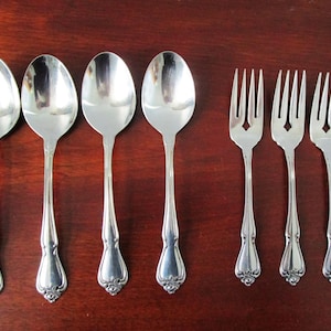ARBOR ROSE, TRUE Rose Oneida Stainless Glossy 4 Soup Spoons, 3 Salad Forks, 1967 - Discontinued, Vintage Silverware