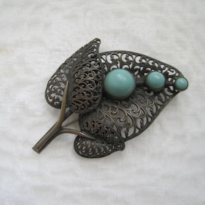 Antique Turquoise Brooch, Faux, Silver Leaf Filigree Metal, Vintage Jewelry