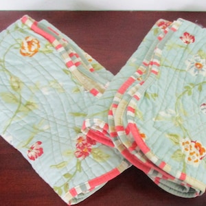 Pair Waverly Pillow Shams Vintage Quilted Aqua Floral Striped STANDARD Size Reversible Scalloped Multi Colored