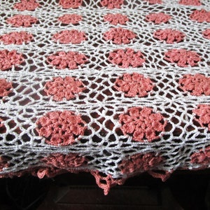 Vintage Square Tablecloth Crocheted Pink and White Flowers 48x48&quot; Hand Made Cottage Core