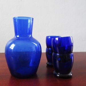 Mid Century Cobalt Blue Carafe and Glass Set, Hand Blown Blue Juice/Appertif Glasses, 5 Piece Set, Liqueur Barware, Gift for Her