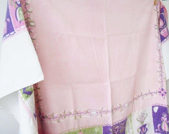 Vintage 1950s Tablecloth Folk Art Gray Pink Purple Linen, Rectangle 60x68" Scandinavian Women Men Dancing, Swans, Faded