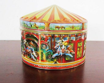 Churchill Carousel Tin Box Toffee Vintage Round Merry Go Round Circus Red with Gold