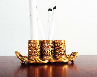 Vintage Style Built Lipstick Holder Hollywood Regency Vanity Brass Metal Floral, Gold Filigree Holds 3 Lipsticks or Various Accessories