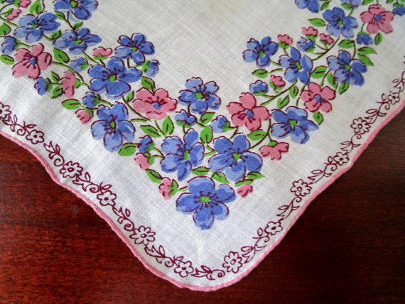 Vintage Handkerchief 1950s Pink & Blue Flowers Ha… - image 2