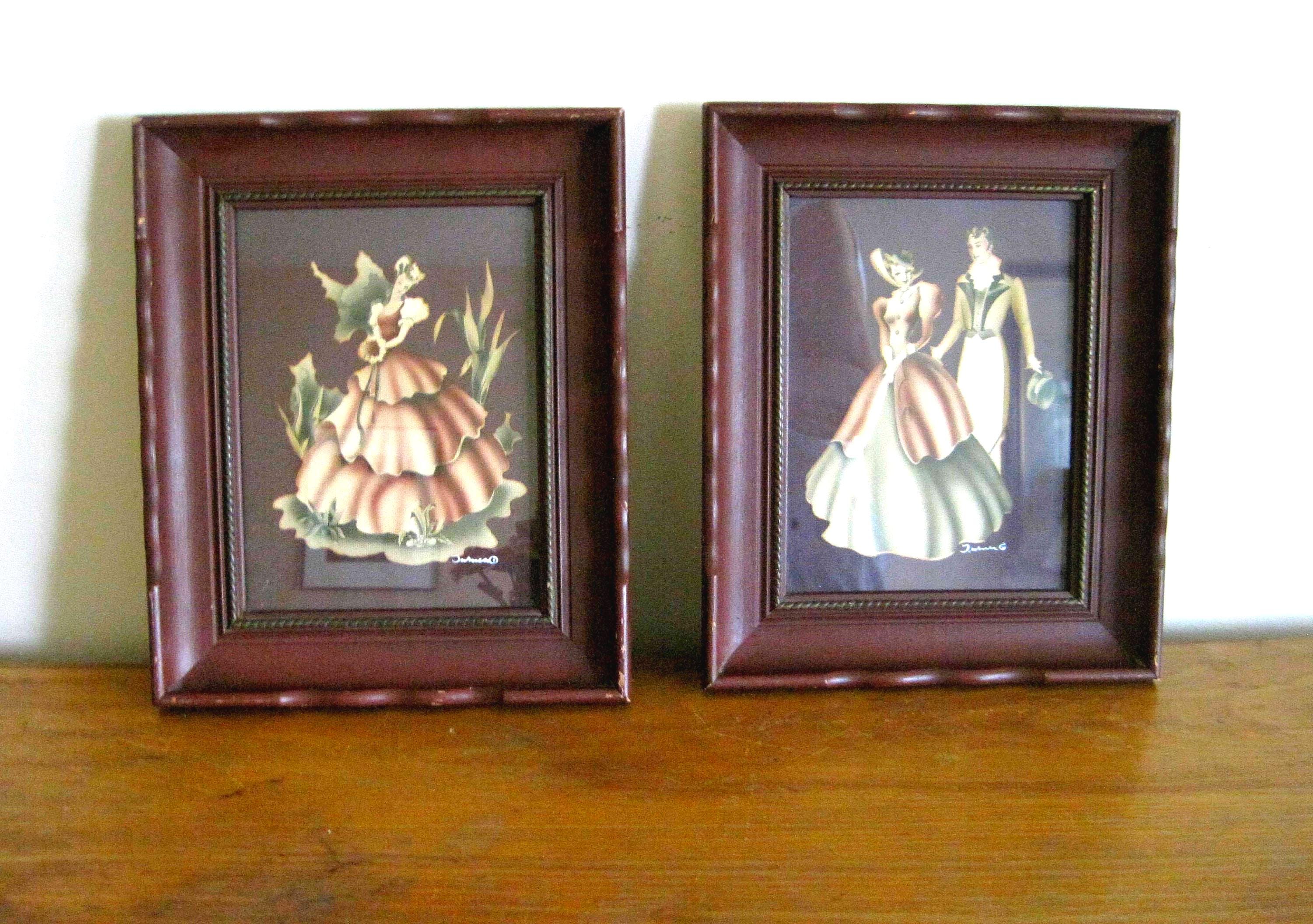 2 Turner Prints Frame, Southern Belle Romantic Couple Signed 1940s