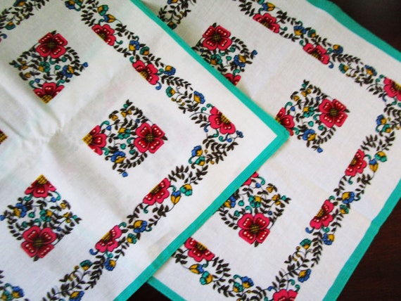 Pair Vintage Floral Handkerchief, Aqua w/Pink Flo… - image 4